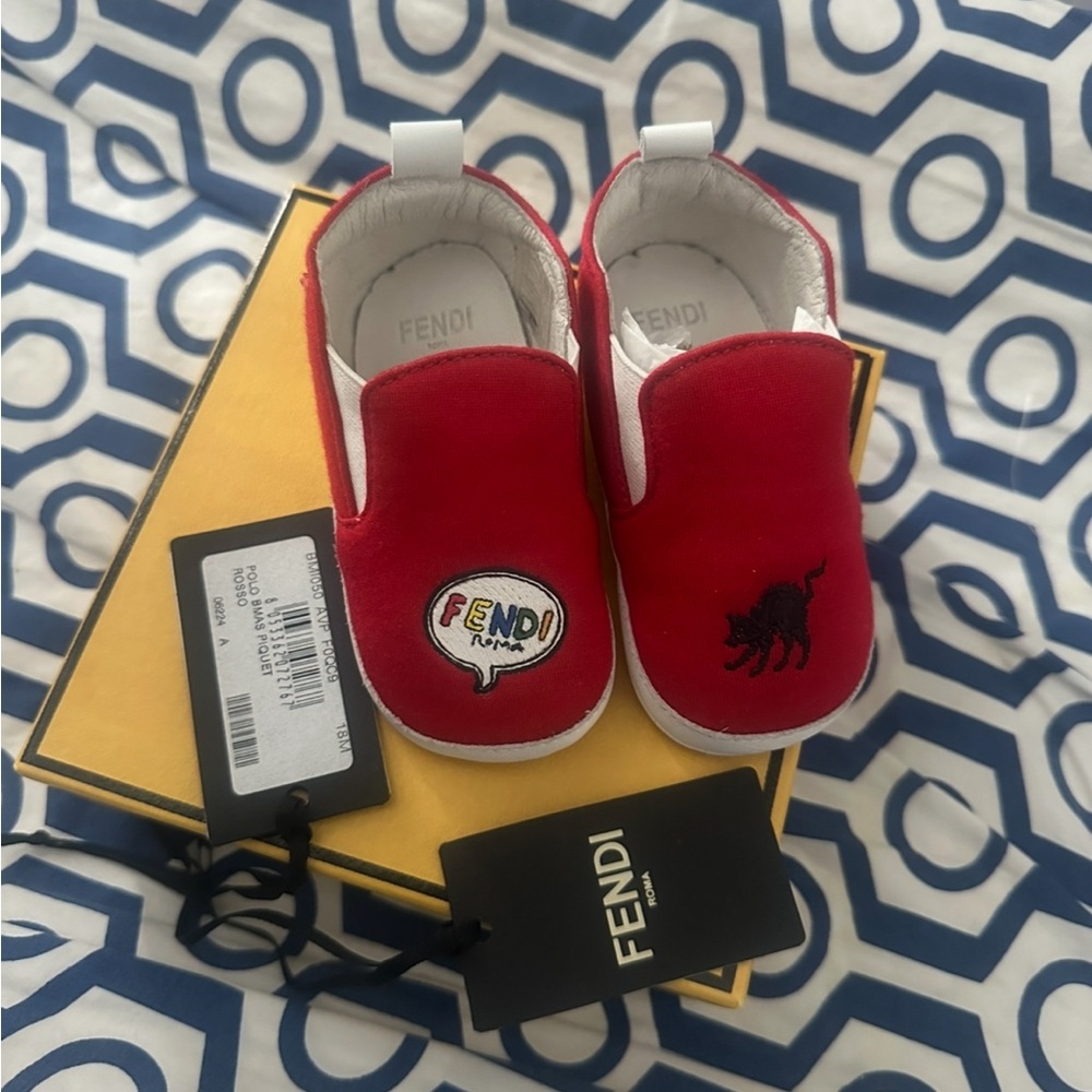 Fendi Baby Red Slip-On Shoes with Fun Patches